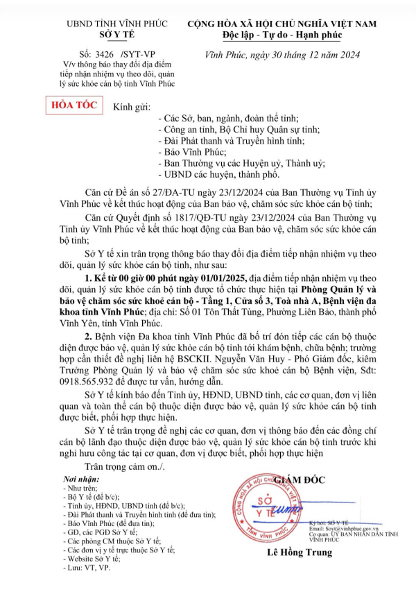 Thông báo thay đổi địa điểm tiếp nhận nhiệm vụ theo dõi, quản lý sức khoẻ cán bộ tỉnh Vĩnh Phúc