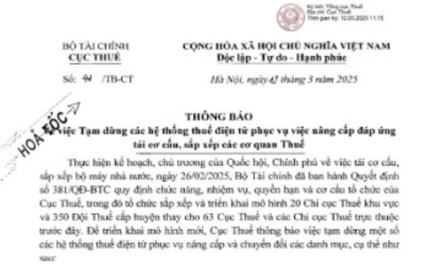 Thông báo: Tạm dừng các hệ thống thuế điện tử phục vụ việc nâng cấp đáp ứng tái cơ cấu, sắp xếp các cơ quan thuế